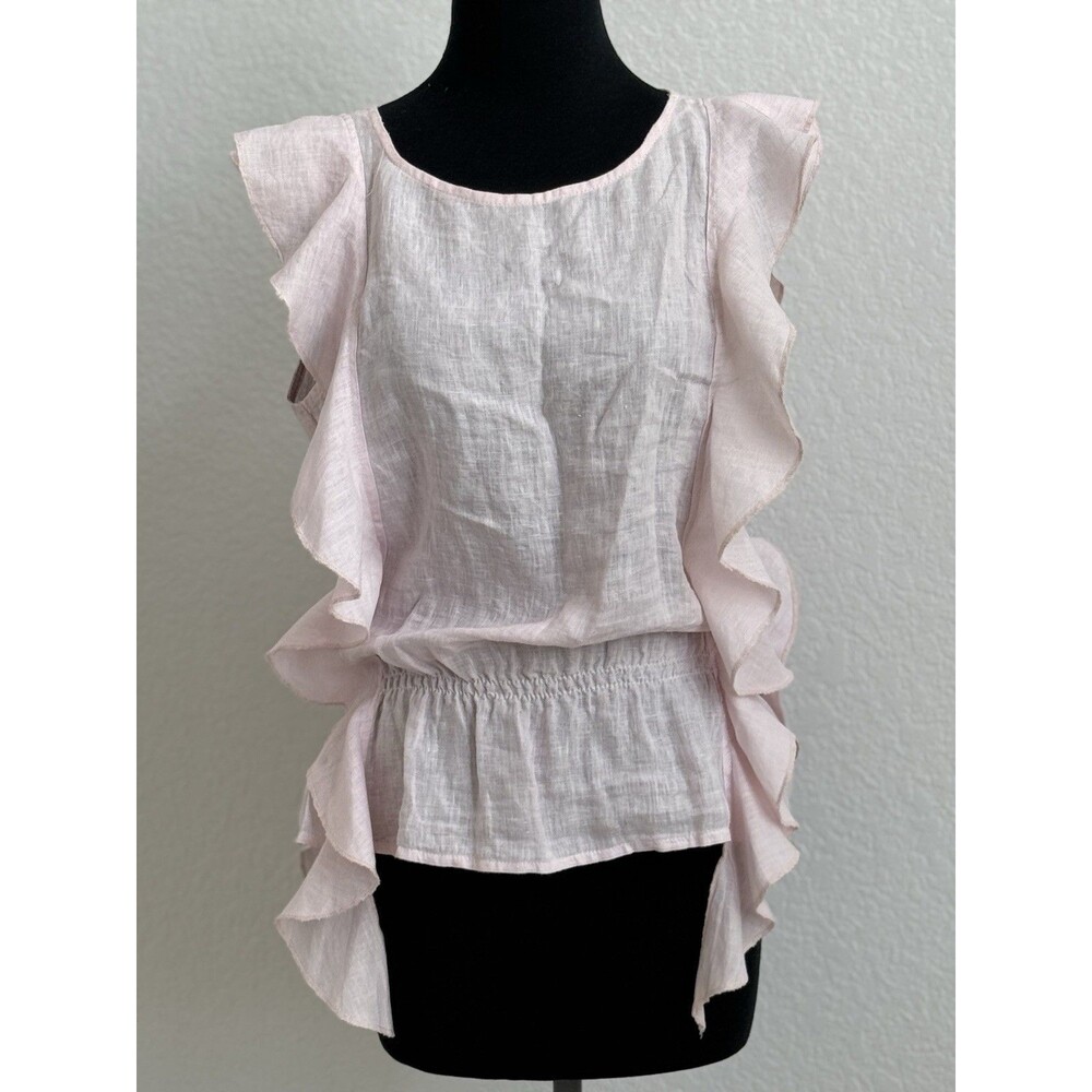 GiGi Moda Italy 100% Linen Lt Pink Sleeveless Ruffle Cinched Waist Women L Top